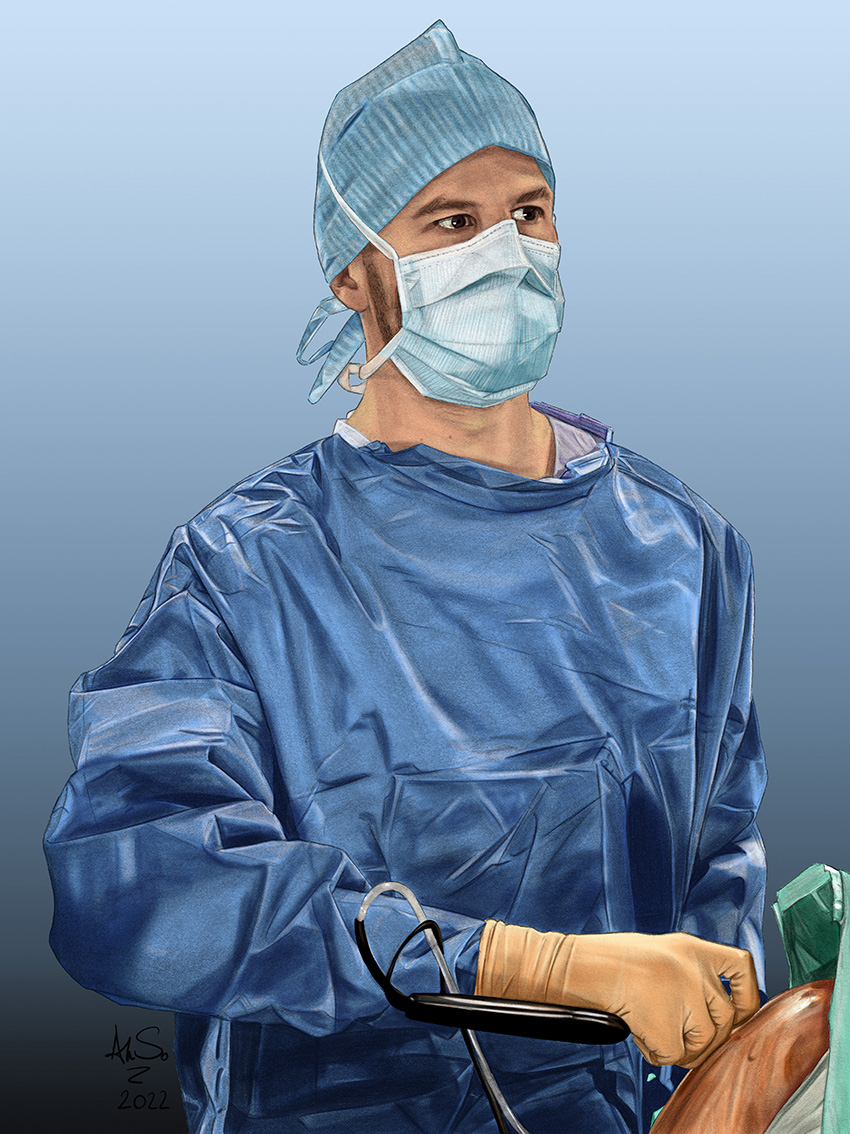 Illustration dessinée du Dr Merlini en tenue de bloc pendant une arthroscopie